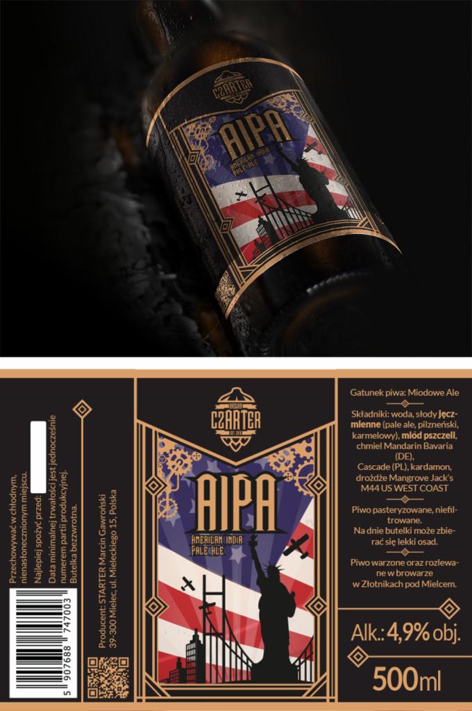 Butelka piwa rzemieślniczego AIPA z etykietą w stylu retro, przedstawiającą Statuę Wolności i amerykańską flagę, oświetlona z góry, na ciemnym tle.