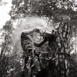 Czarno-białe zdjęcie arborysty w pełnym zabezpieczeniu, tnącego pień drzewa piłą łańcuchową, z wiórami i pyłem unoszącym się w powietrzu, w tle gęsty las.