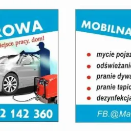 Reklama mobilnej myjni parowej MarSteam z Gorzyc, oferującej mycie pojazdów, pranie tapicerki i dywanów, z numerem telefonu Marcina Bednarowskiego i adresem FB