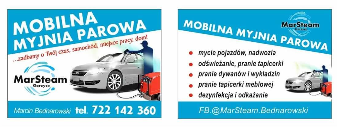 Reklama mobilnej myjni parowej MarSteam z Gorzyc, oferującej mycie pojazdów, pranie tapicerki i dywanów, z numerem telefonu Marcina Bednarowskiego i adresem FB
