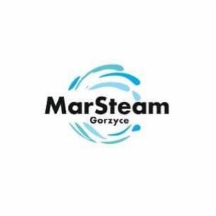 Logo firmy MarSteam Gorzyce z abstrakcyjnym symbolem w formie wirujących kropli wody.
