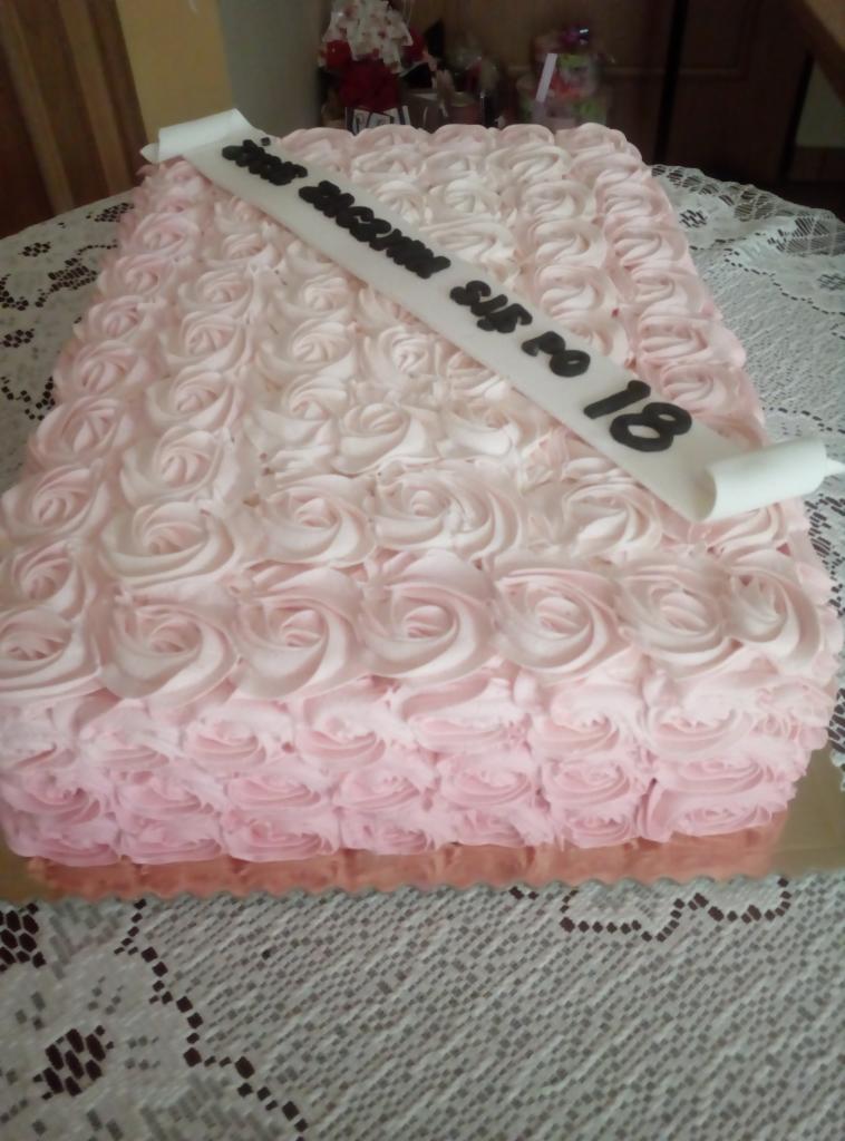 Kwadratowy tort urodzinowy pokryty kremem w kształcie róż w odcieniach różu i bieli, z dekoracyjnym napisem 'Sto lat szczęścia po 18' na białej wstędze.