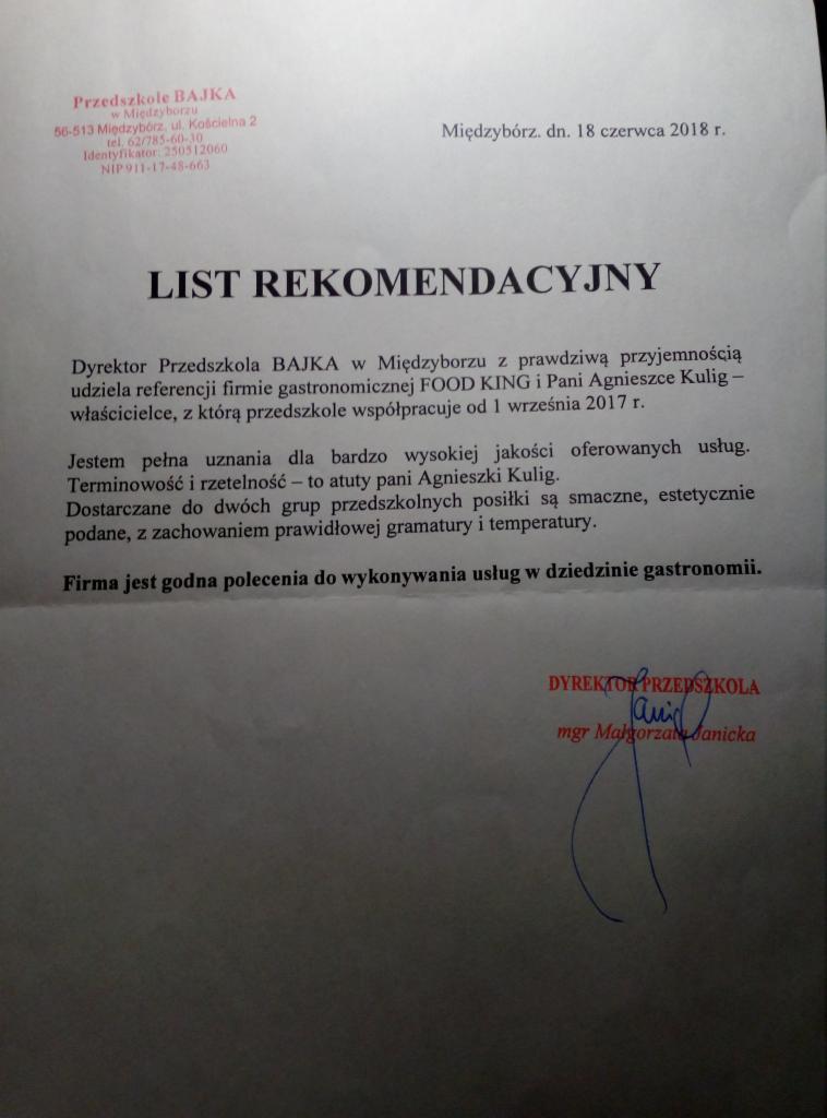 Skan listu rekomendacyjnego dla firmy gastronomicznej FOOD KING od Dyrektora Przedszkola BAJKA w Międzyborzu, potwierdzający wysoką jakość i terminowość dostarczanych posiłków dla dzieci.
