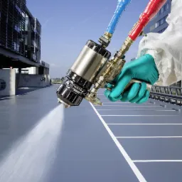 Aplikacja szarej powłoki na posadzce parkingu wielopoziomowego za pomocą pistoletu natryskowego; pracownik w kombinezonie ochronnym i zielonych rękawicach trzyma urządzenie, w tle budynek biurowy.