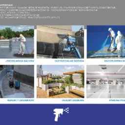 Kolaż zdjęć przedstawiających różne zastosowania izolacji natryskowej: uszczelnianie dachów, oczyszczalnie ścieków, uszczelnianie basenów, remonty zbiorników, ogrody dachowe i parkingi podziemne.