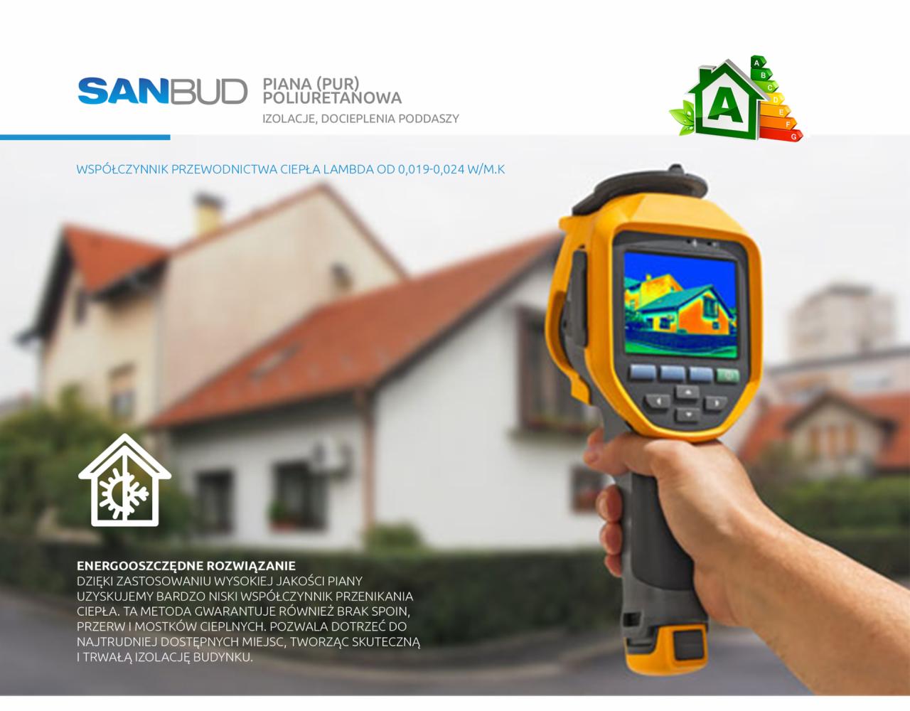 Termowizyjne badanie izolacji domu pianą PUR, na ekranie kamery termowizyjnej widoczny rozkład temperatur na elewacji, w tle budynek z czerwonym dachem i logo firmy Sanbud.