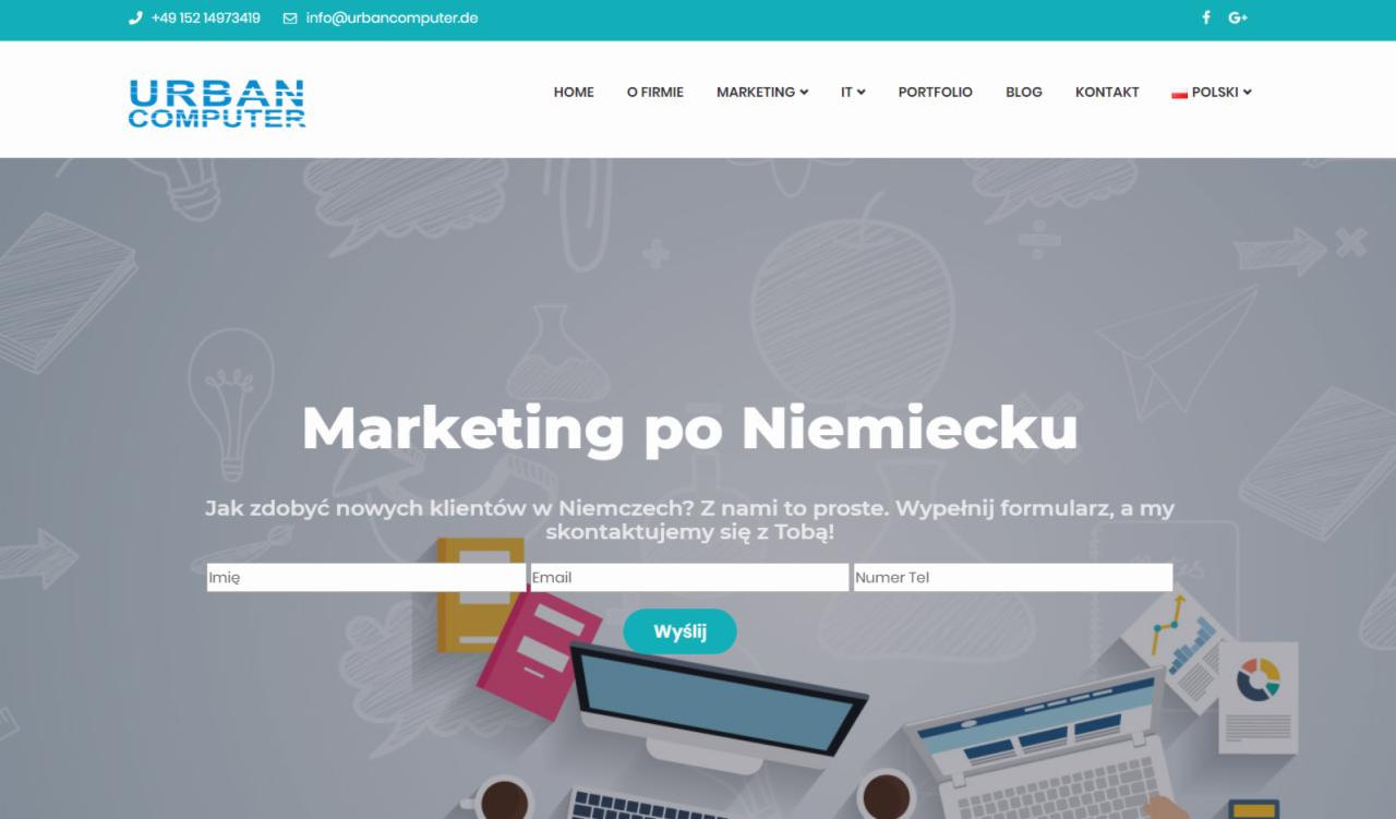 Strona internetowa z formularzem kontaktowym i nagłówkiem 'Marketing po Niemiecku', stylizowana grafiką z elementami biurowymi i rysunkami.