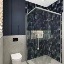 Wizualizacja nowoczesnej łazienki z kabiną prysznicową typu walk-in, zabudową meblową w kolorze granatowym, płytkami w odcieniach szarości i czerni oraz podtynkową toaletą.