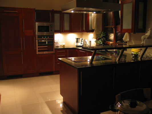 Ciemnobrązowa kuchnia z wyspą i sprzętem AGD w zabudowie, oświetlona punktowymi lampami sufitowymi.