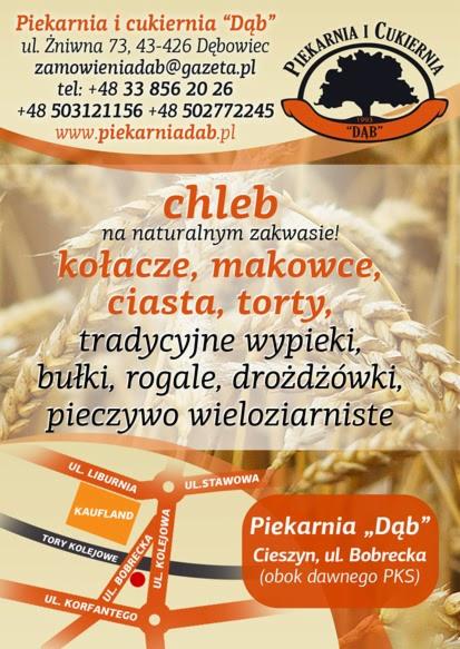 Plakat reklamowy piekarni i cukierni 'Dąb' z adresem, numerami telefonów i stroną internetową, na tle kłosów zboża, z wypisanymi nazwami produktów: chleb na naturalnym zakwasie, kołacze, makowce...