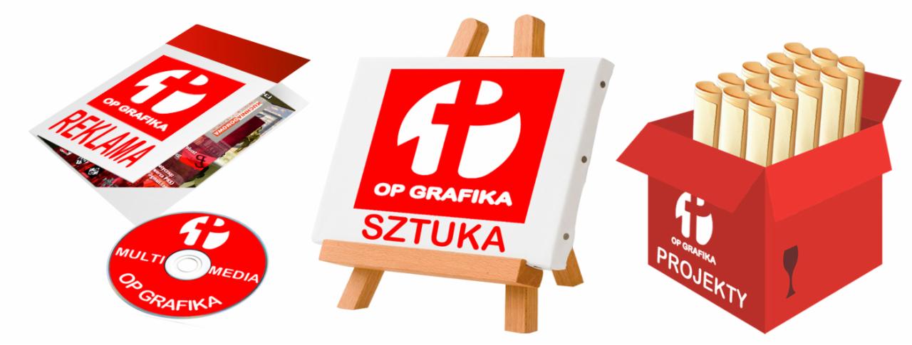 Graficzna kompozycja prezentująca identyfikację wizualną firmy: ulotka reklamowa, płyta CD, logo na sztaludze oraz pudełko z projektami graficznymi, utrzymane w czerwono-białej kolorystyce.