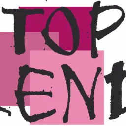 Graficzne logo 'TOP TRENDY' z elementami grunge i różowymi kwadratami w tle.