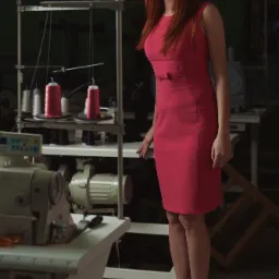 Kobieta w dopasowanej różowej sukience stoi w pracowni krawieckiej obok maszyny do szycia i nici, spoglądając w górę.