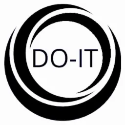 Logo firmy z napisem DO-IT w okręgu z czarnych, zakrzywionych elementów graficznych.
