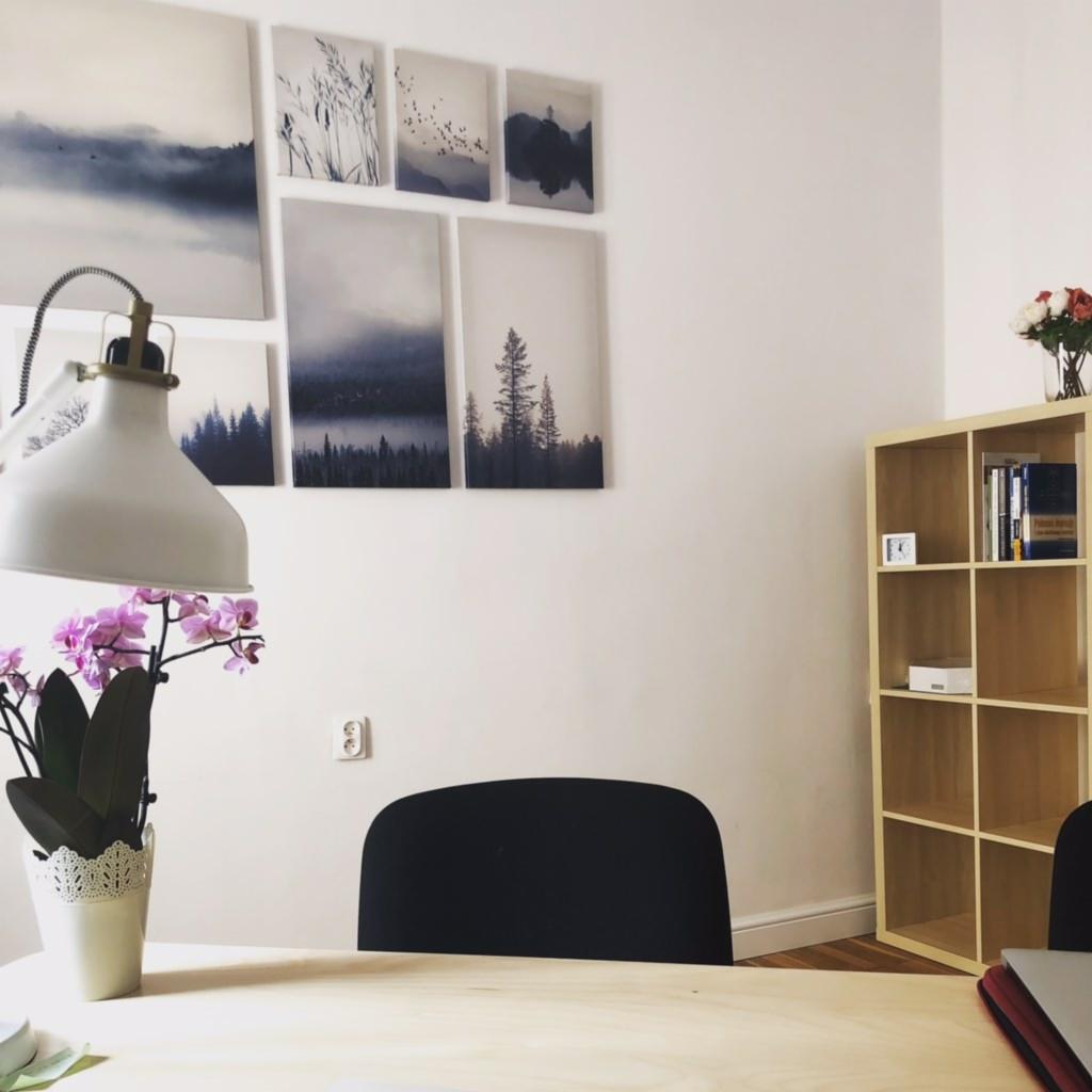 Jasny gabinet z biurkiem, czarnym krzesłem i ścianą ozdobioną obrazami leśnych krajobrazów w odcieniach szarości i błękitu, storczyk w ozdobnej doniczce i lampka na biurku, regał z książkami w tle.