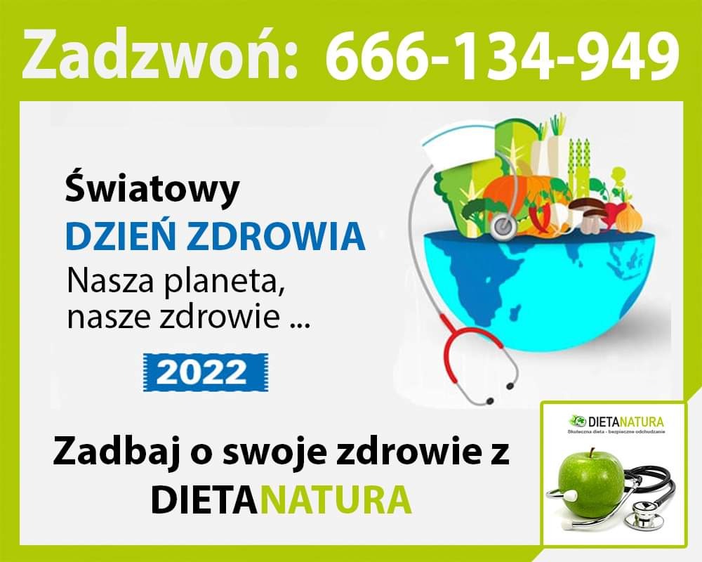 Grafika promująca Światowy Dzień Zdrowia, z ilustracją Ziemi w kształcie miski wypełnionej warzywami i owocami, oraz stetoskopem, obok jabłko ze stetoskopem i logo Dietanatura.