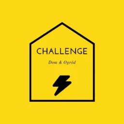Grafika z czarnym obrysem domu na żółtym tle, napisem 'CHALLENGE Dom & Ogród' i symbolem błyskawicy.