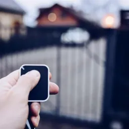 Dłoń trzyma czarny pilot do bramy wjazdowej, w tle widoczna brama i dom