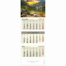 Trójdzielny kalendarz ścienny z widokiem górskiego jeziora o zachodzie słońca, z zaznaczonymi dniami grudnia 2019, stycznia i lutego 2020.