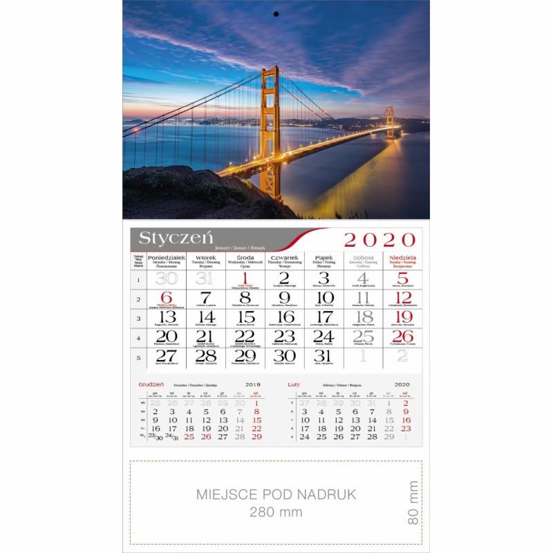 Kalendarz ścienny na rok 2020 z widokiem na most Golden Gate w San Francisco, styczeń na górze, miejsce na nadruk reklamowy na dole.