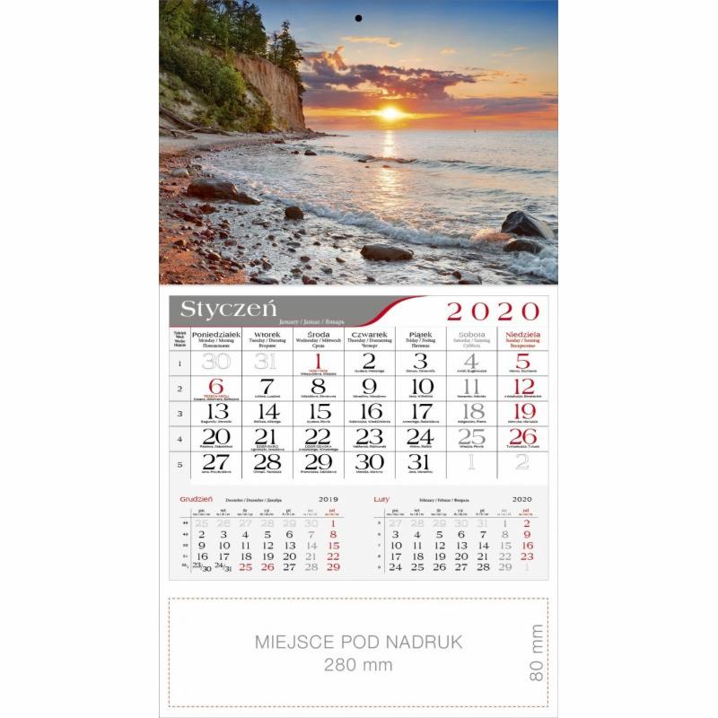 Kalendarz ścienny na rok 2020 z widokiem na morze i klif o zachodzie słońca, z zaznaczonym miesiącem styczeń i miejscem na nadruk reklamowy.