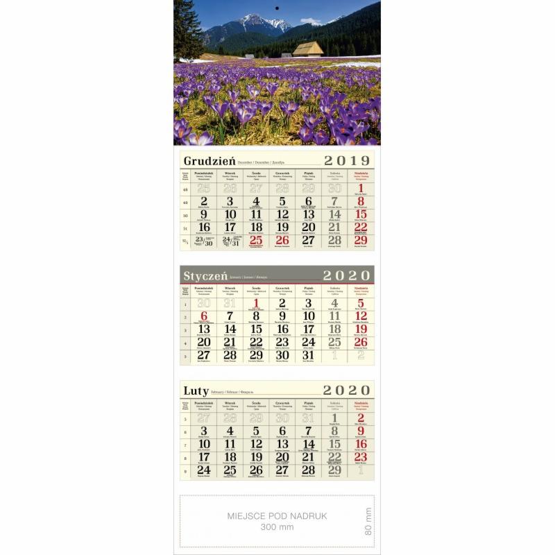 Trójdzielny kalendarz ścienny z widokiem na krokusy i Tatry, z zaznaczonym miejscem na nadruk reklamowy.