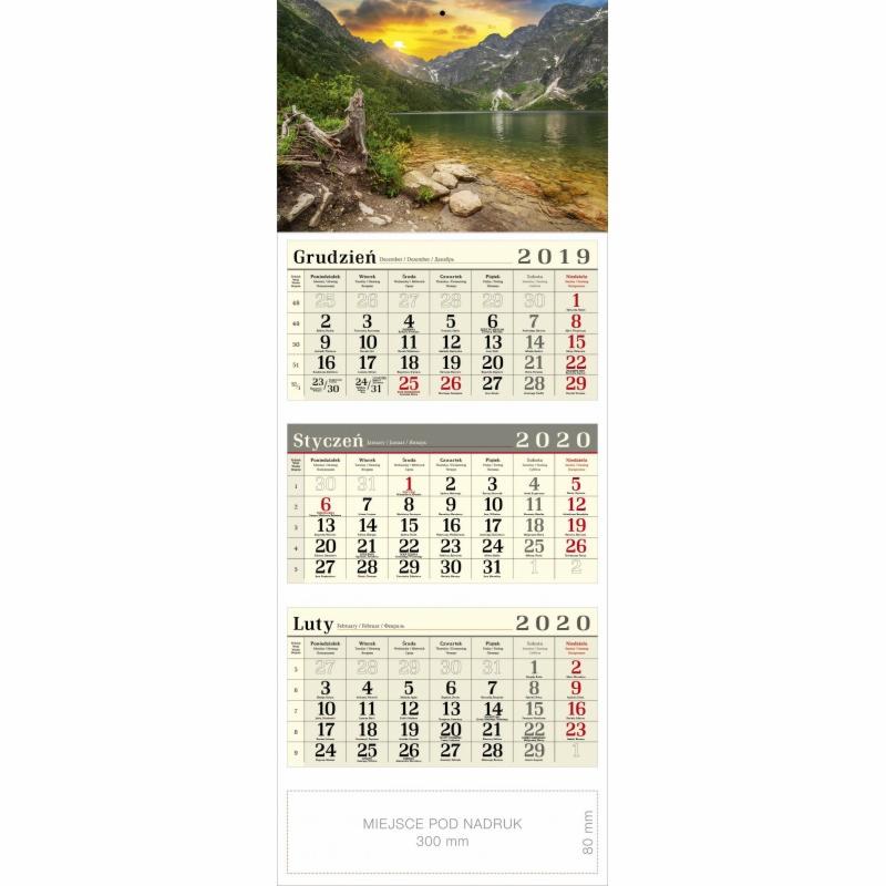 Trójdzielny kalendarz ścienny z widokiem górskiego jeziora o zachodzie słońca, z zaznaczonymi dniami grudnia 2019, stycznia i lutego 2020.