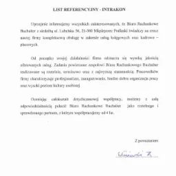 Skan listu referencyjnego od firmy Intrakon dla Biura Rachunkowego Buchalter z datą 12.10.2015, potwierdzającego kompleksową obsługę księgową i kadrowo-płacową.
