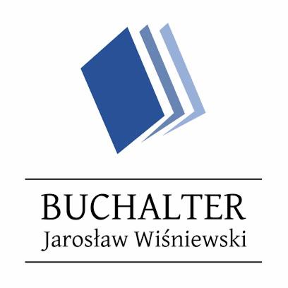 Logo firmy 'BUCHALTER Jarosław Wiśniewski' z graficznym symbolem stylizowanych, niebieskich kartek.