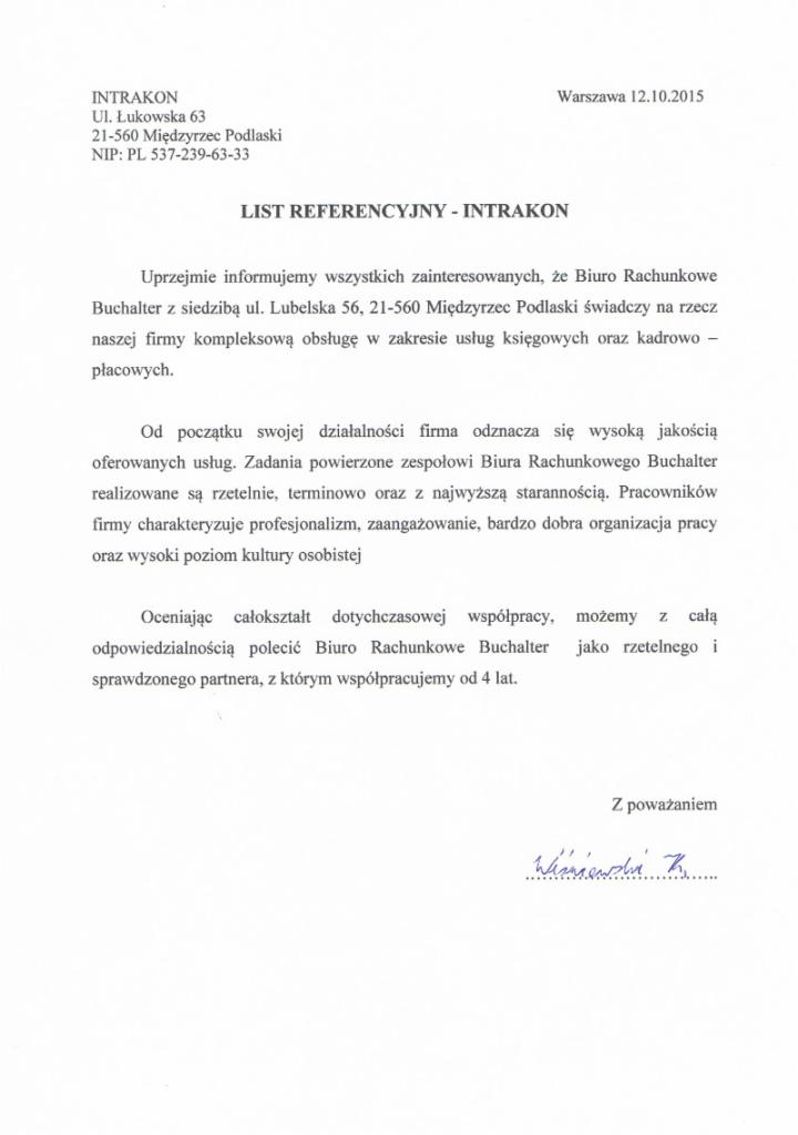 Skan listu referencyjnego od firmy Intrakon dla Biura Rachunkowego Buchalter z datą 12.10.2015, potwierdzającego kompleksową obsługę księgową i kadrowo-płacową.