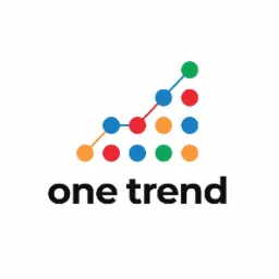 Logo 'one trend' z wykresem wzrostowym przedstawionym za pomocą kolorowych kropek połączonych liniami na białym tle.