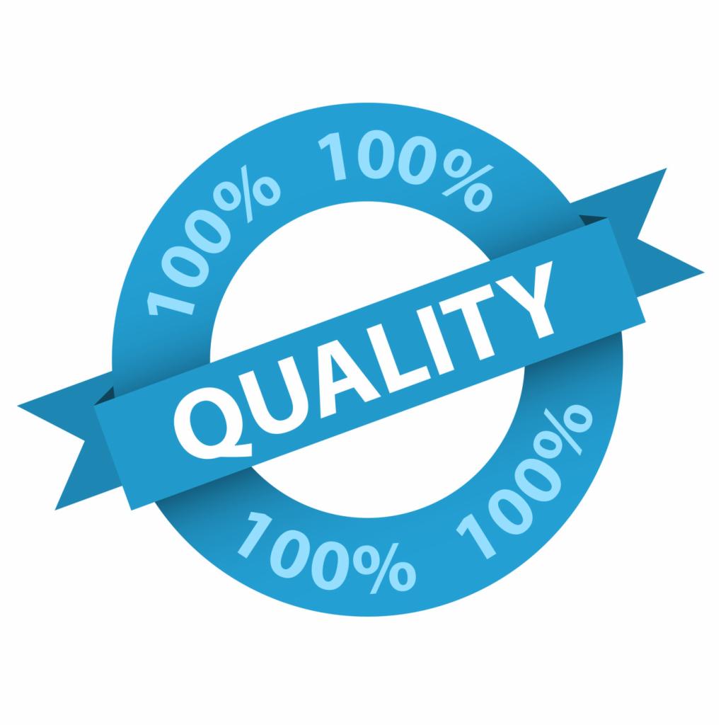 Niebieska okrągła pieczęć z napisem '100%' i poziomą wstążką z napisem 'QUALITY'.