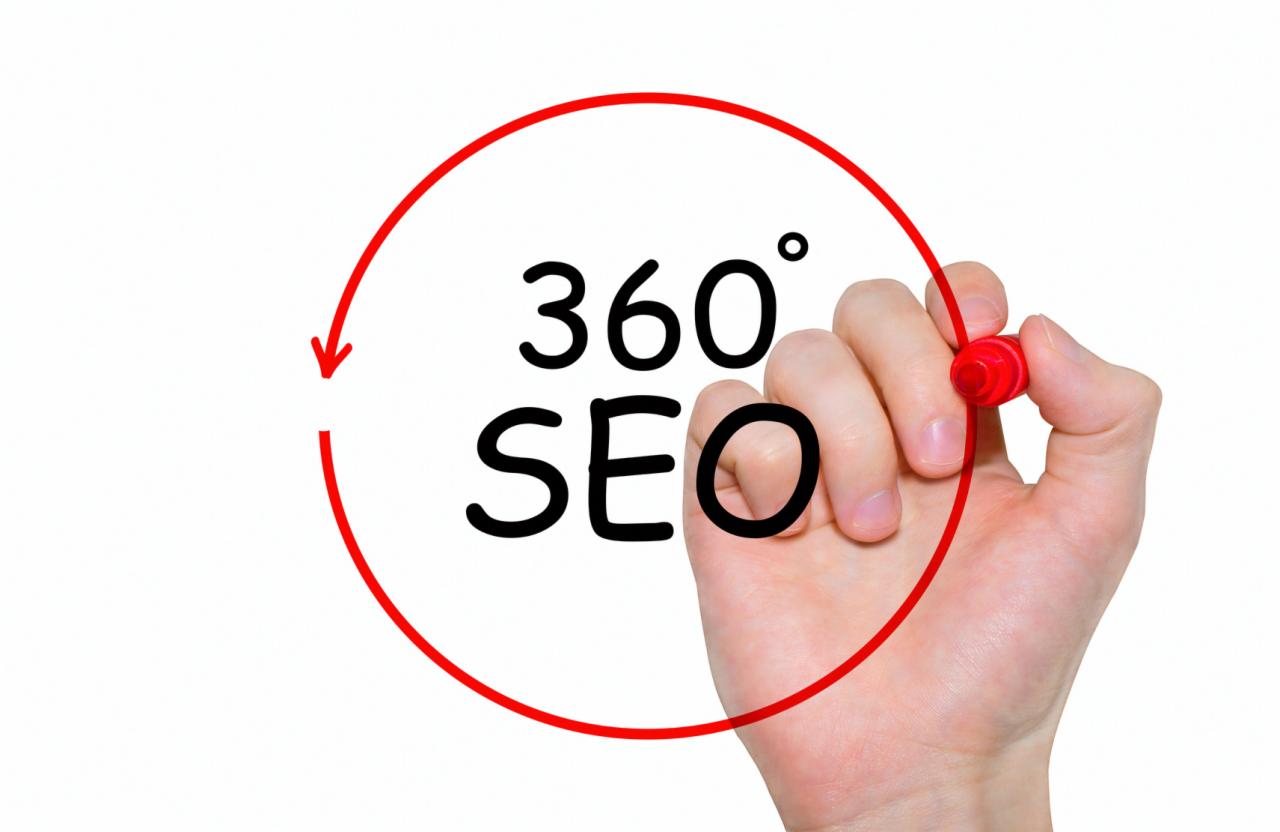 Dłoń rysuje czerwoną strzałkę okręgu wokół napisu '360° SEO' na białej powierzchni.