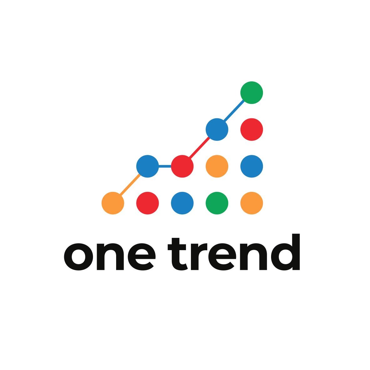 Logo 'one trend' z wykresem wzrostowym przedstawionym za pomocą kolorowych kropek połączonych liniami na białym tle.