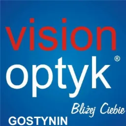 Logo firmy Vision Optyk na niebieskim tle, z czerwonym napisem 'vision' nad białym 'optyk', slogan 'Bliżej Ciebie' i lokalizacja 'GOSTYNIN' poniżej.