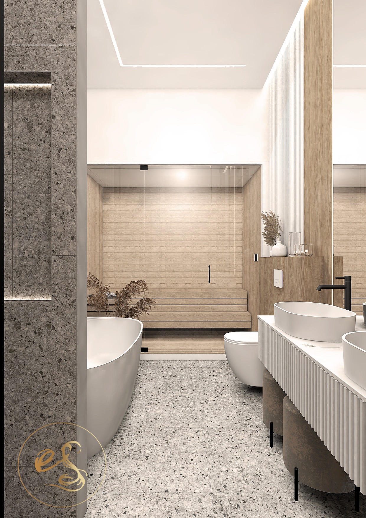 Wizualizacja łazienki z sauną: wanna wolnostojąca, umywalki nablatowe na szafce z lamelami, podłoga z lastryko, przeszklona sauna z drewnianym wnętrzem.