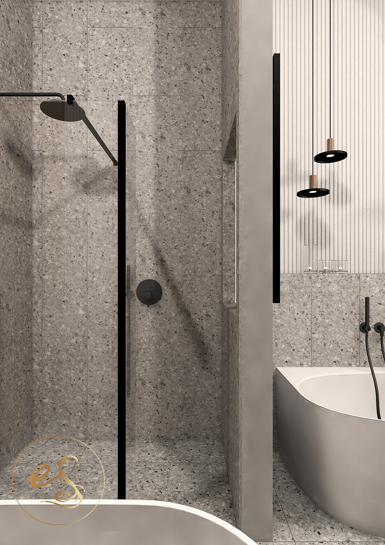 Minimalistyczna łazienka z kabiną prysznicową typu walk-in, szarymi płytkami imitującymi lastryko, wiszącymi lampami z czarnymi kloszami i białą wanną o zaokrąglonym kształcie.
