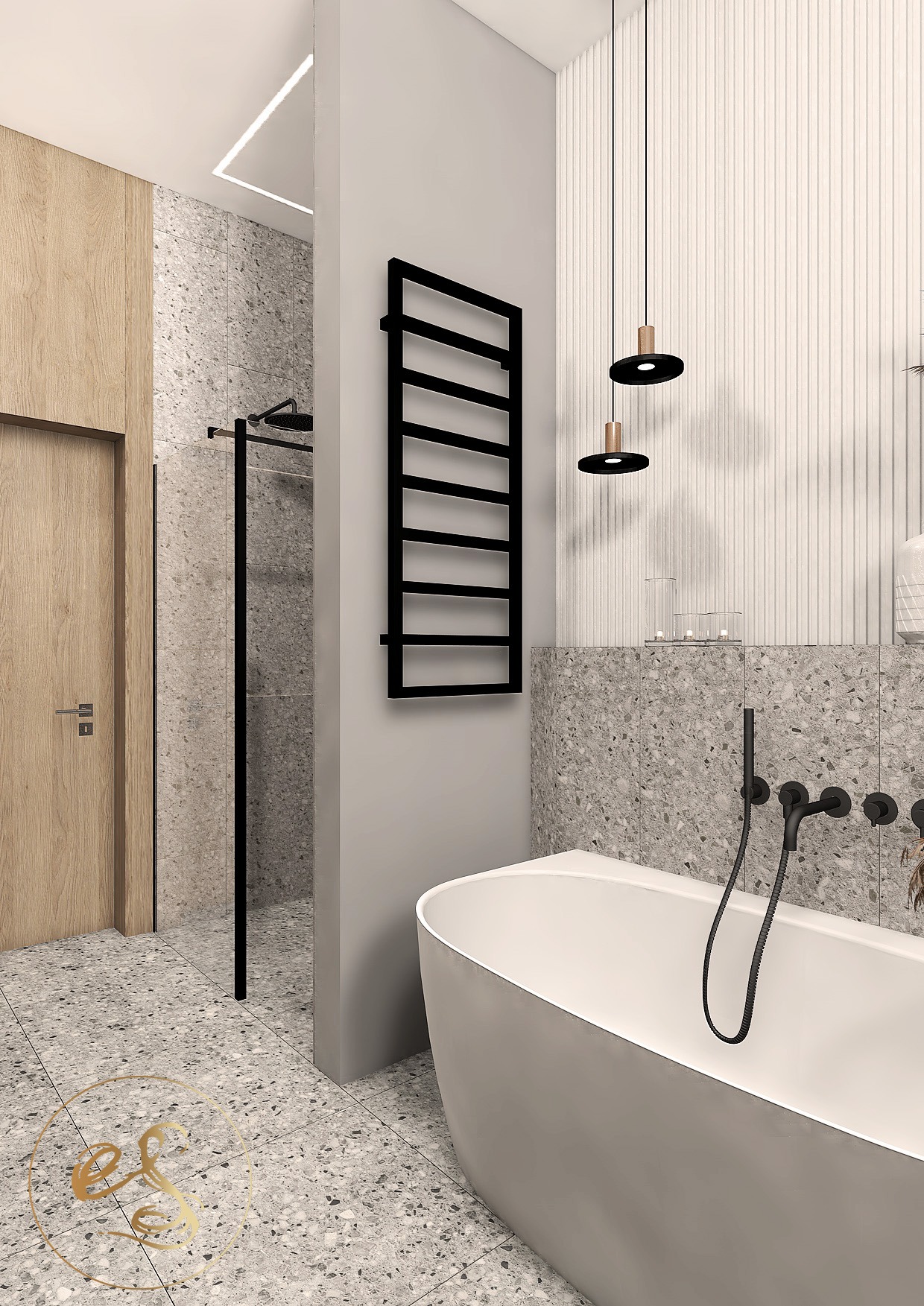 Wizualizacja nowoczesnej łazienki z wolnostojącą białą wanną, czarną armaturą, grzejnikiem drabinkowym i podwieszanymi lampami na tle ściany z płytek lastryko i pionowych paneli.