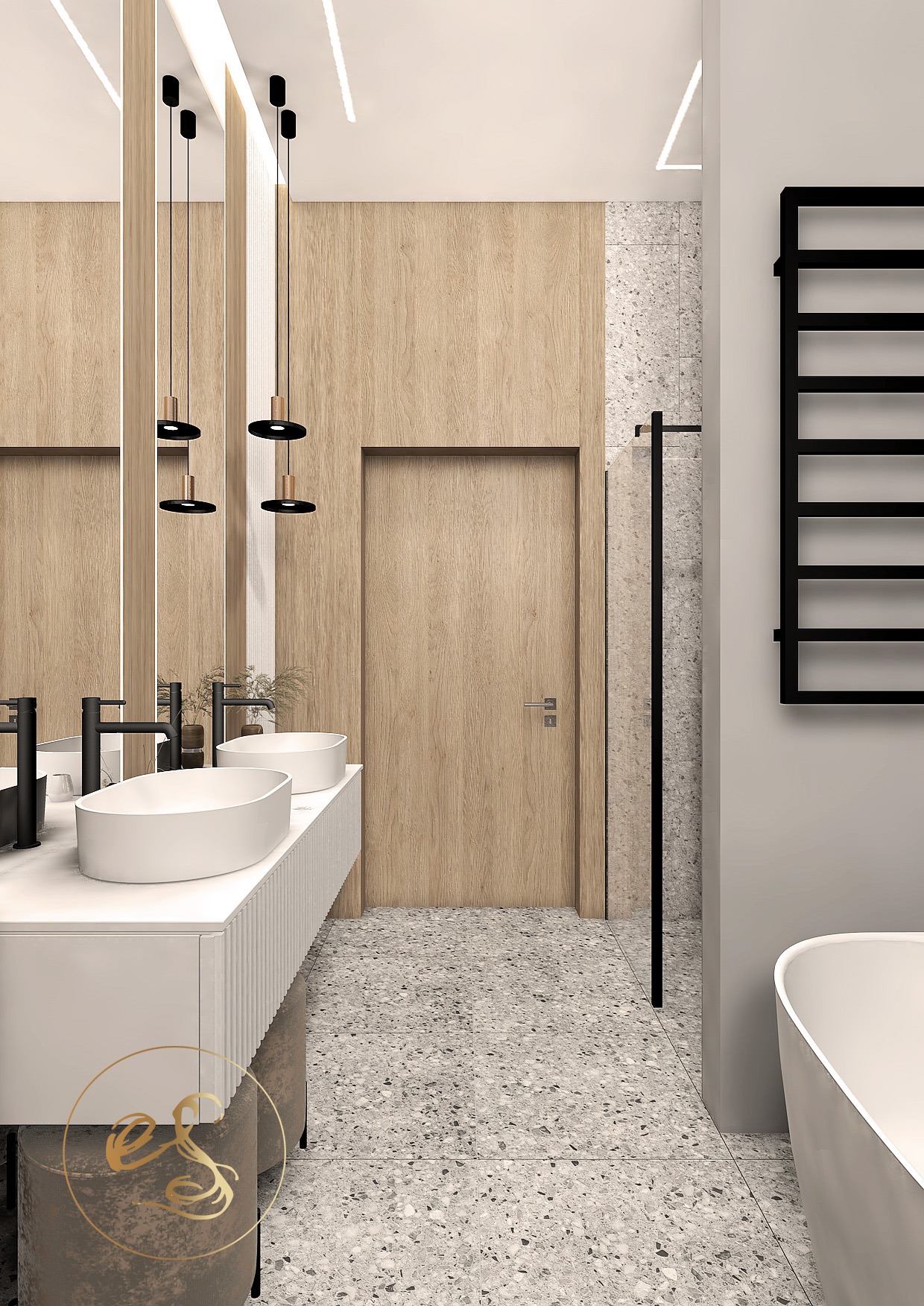 Wizualizacja nowoczesnej łazienki z dwoma umywalkami nablatowymi, czarną armaturą, drewnianymi panelami ściennymi i podłogą z terazzo, oświetlonej wiszącymi lampami z elementami drewna.