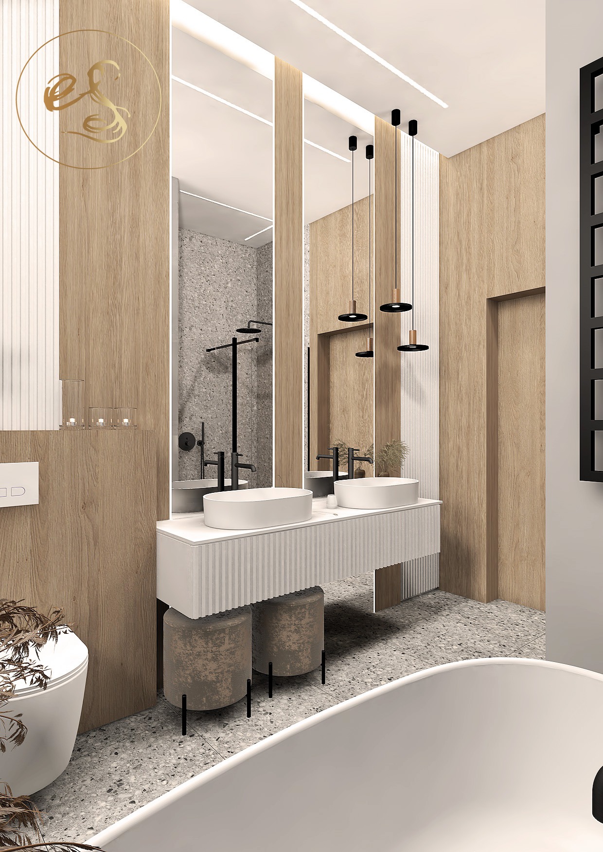 Wizualizacja nowoczesnej łazienki z dwoma umywalkami nablatowymi, podwieszaną szafką z ryflowanym frontem, okrągłymi pufami pod szafką, grafitową armaturą i terazzo na ścianach oraz podłodze.