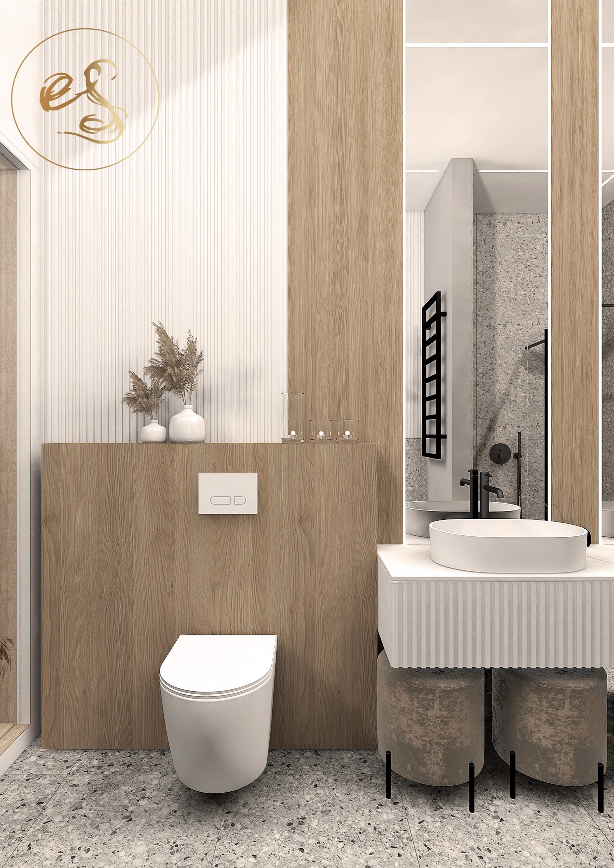 Wizualizacja nowoczesnej łazienki z podwieszaną toaletą, okrągłą umywalką na szafce z ryflowanym frontem, dekoracjami z suszonych traw i logo firmy w rogu.