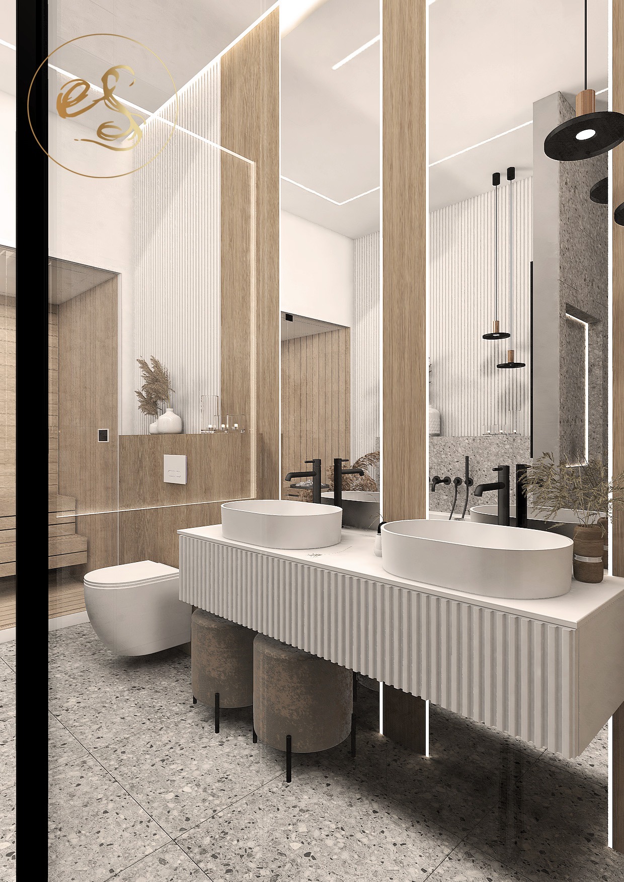 Wizualizacja nowoczesnej łazienki z dwoma umywalkami nablatowymi, podwieszaną toaletą, drewnianymi akcentami i szklaną kabiną prysznicową, oświetloną listwami LED i wiszącymi lampami.