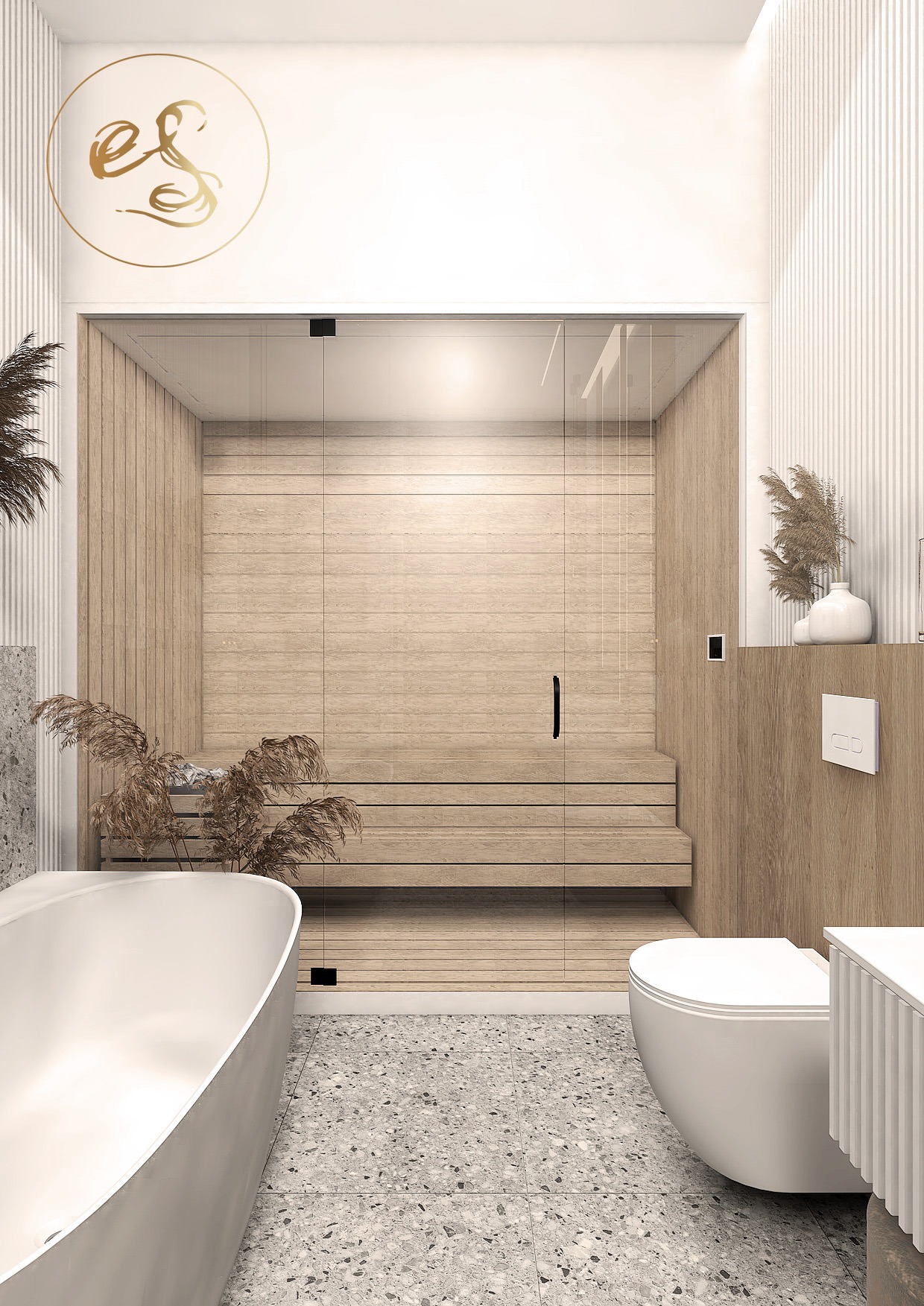 Nowoczesna łazienka z sauną, wykończona drewnem i płytkami lastryko, z minimalistyczną armaturą i dekoracyjnymi trawami pampasowymi. Na ścianie widoczne logo firmy.