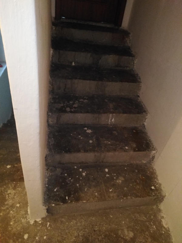 Schody betonowe w trakcie prac wykończeniowych w Sosnowcu, widoczne ślady farby i niedoskonałości powierzchni.