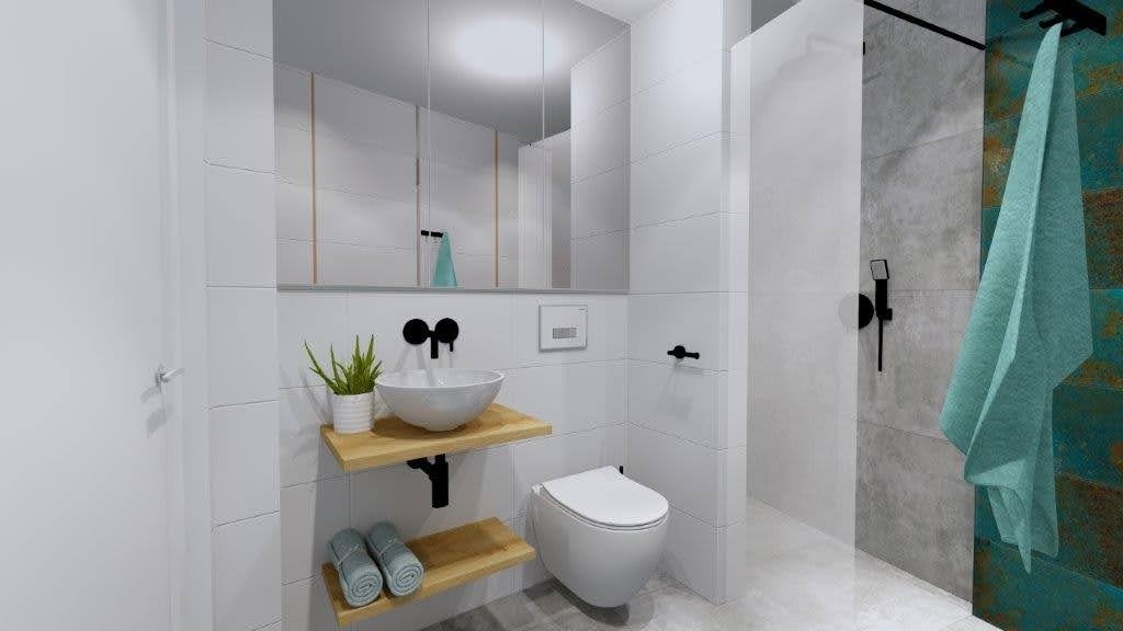 Wizualizacja łazienki z umywalką nablatową na drewnianym blacie, wiszącą toaletą i prysznicem z turkusowym ręcznikiem na dekoracyjnej ścianie.