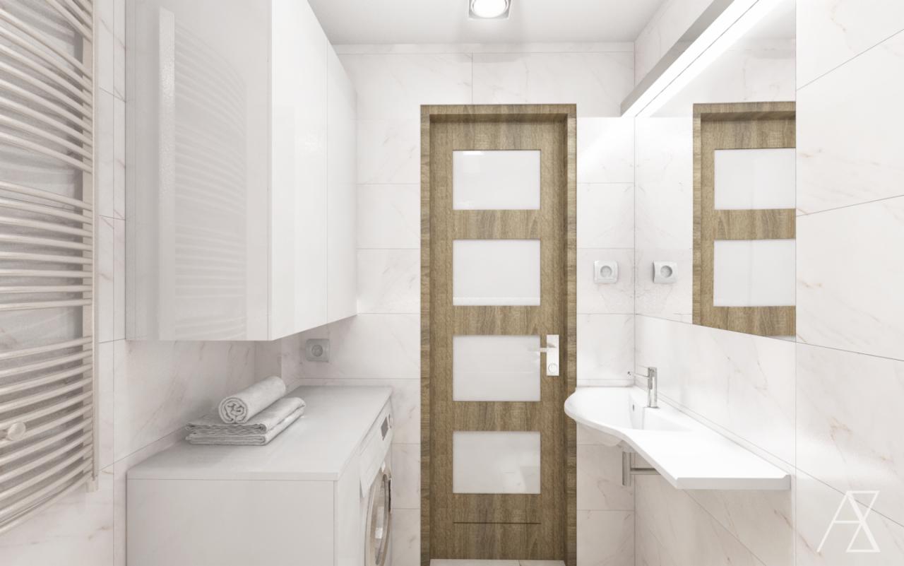 Wizualizacja nowoczesnej łazienki z pralką ukrytą pod blatem, grzejnikiem drabinkowym, drewnianymi drzwiami z przeszkleniami i umywalką z białym blatem.
