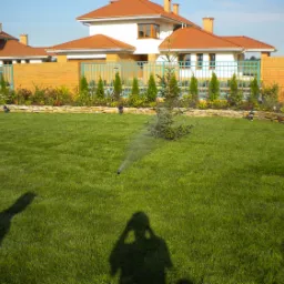 Nawadniany trawnik przed domem z niskimi tujami i ogrodzeniem, widoczne zraszacze w akcji, cień osoby fotografującej na pierwszym planie.