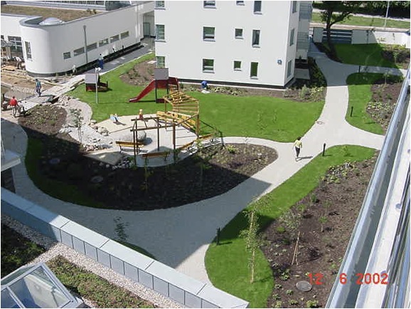 Widok z góry na zagospodarowany teren zielony wokół budynku mieszkalnego z placem zabaw, ścieżkami z jasnej nawierzchni, trawnikami i nasadzeniami roślin, z widoczną osobą spacerującą po ścieżce.