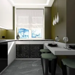 Nowoczesna kuchnia z białymi szafkami, czarnymi detalami dekoracyjnymi na dolnych szafkach, blatem pełniącym funkcję stołu barowego, zielonymi stołkami i oknem z roletą rzymską.