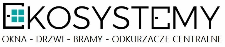 Logo firmy 'Ekosystemy' z elementem graficznym okna i napisem 'OKNA - DRZWI - BRAMY - ODKURZACZE CENTRALNE'.